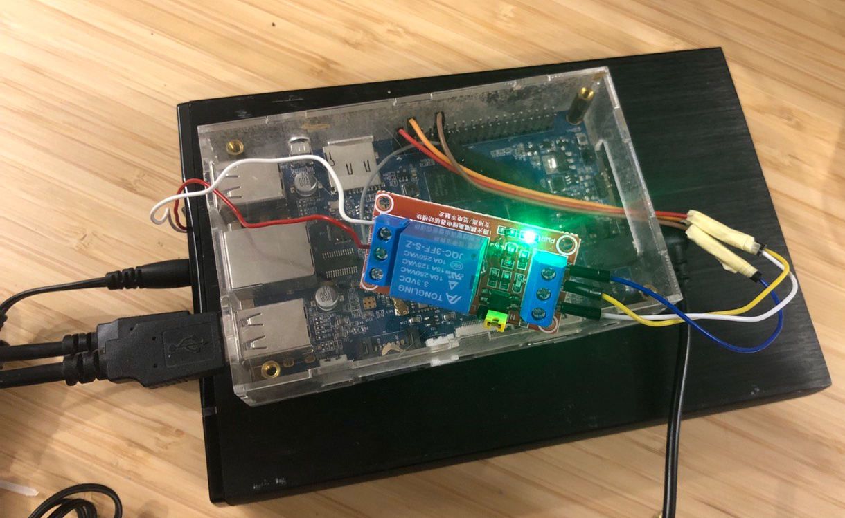 Photo of the wire connections of the GPIO pins to the relay